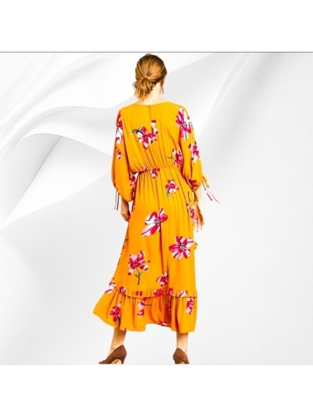 UMGEE Mustard Bohemian Ruffle Bottom Hi-Low Maxi Dress | Floral Boho Midi Dress - Picture 9 of 10